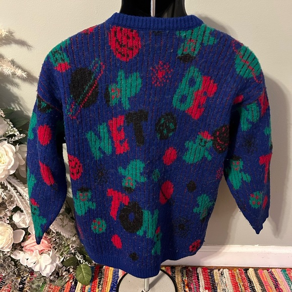 80s Benetton Ski Sweater Spellout Space Planets Ghosts Winter Medium Vintage - Picture 4 of 7
